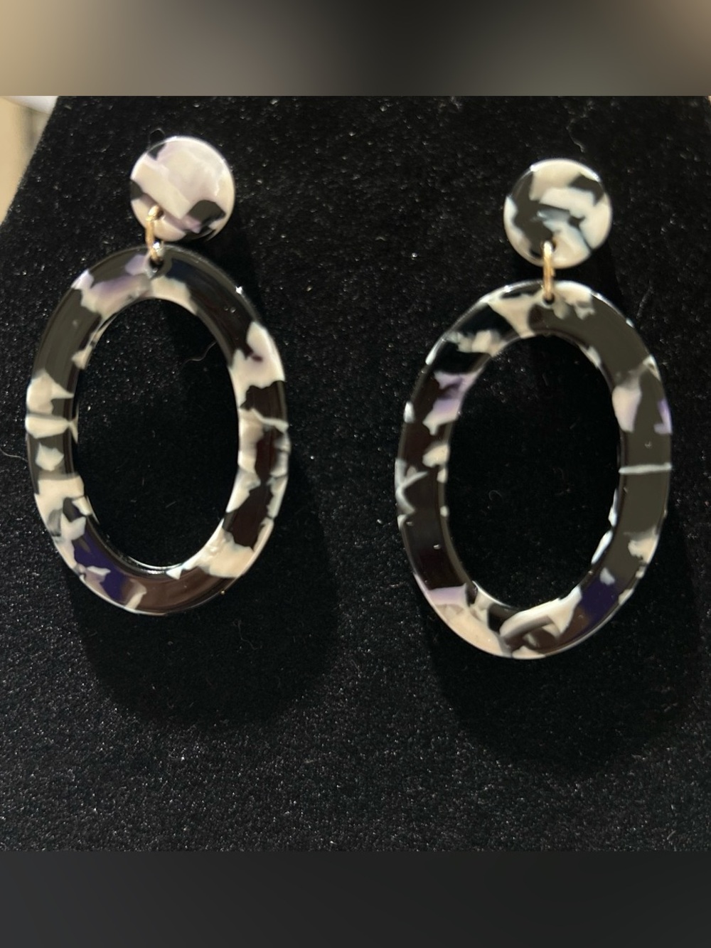 Black & White Marbled Oval Drop Earrings - Women Jewelry